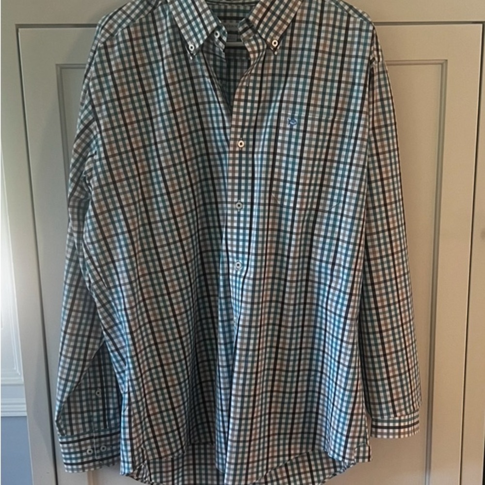 Southern Tide Teal and Brown Plaid Shirt